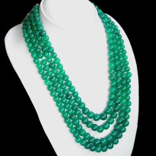 Natural 3 Strand Green Emerald Round Beads Necklace 1128 ct